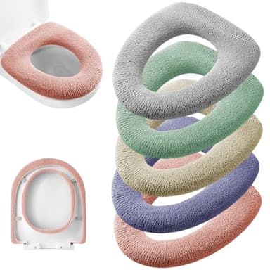 Legigo 5 Pack Thicker Bathroom Toilet Seat Cover Pads- Soft Warmer Toilet Seat Cushion Cover Stretchable Washable Fiber Cloth, Easy Installation Comfortable Toilet Lid Seat Cover(Knit Elongated Light)