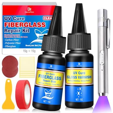 Fiberglass Repair UV Kit with Light, Clear Surfboard Repair Kit , Mega Adhesion Fast Drying for Carbon Fiber, Polyester Fiber - Ideal for Repairing Cracks, Holes in Boat Jetski Yacht & Sailboats