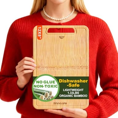 No Glue and Healthy & Organic Wooden Non Toxic Small Bamboo Cutting Board with hands for Kitchen,Plastic Free, Juice Groove, Non-solid Wood Cutting Board for Meat, Vegetables and Fruits (12 * 8inch)