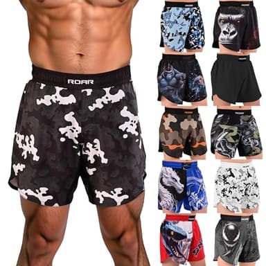ROAR-INT BJJ Shorts Grappling Kickboxing Muay Thai Boxing Shorts MMA Fight Shorts for Men (US, Alpha, Large, Regular, Regular, Camo-Black)