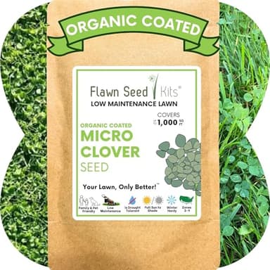 Flawn Seed Kits Micro Clover Seed, 4.4 Oz, Organic Coated, Eco-Friendly, Low Maintenance, Lawn Alternative, Compostable Pouch, Covers Up to 1,000 Sqft