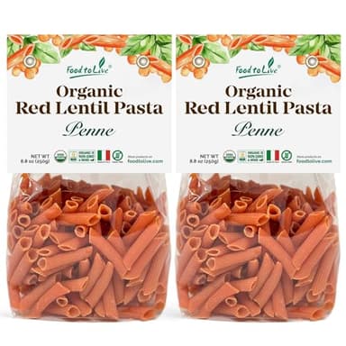 Food to Live Organic Red Lentil Penne Pasta, 8.8 OZ (Pack of 2) – Non-GMO, Single Ingredient. No Additives. No Major Allergens. Good Source of Plant Based Protein and Fiber. Made in Italy
