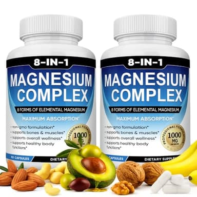 Magnesium Complex, 8 in 1, 1000mg - Glycinate, Citrate, Malate for Easy Absorption, Supports Relaxation, Sleep, Muscle Function & Bone Health, Magnesio Complex for Women, Non-GMO, 180 Capsules