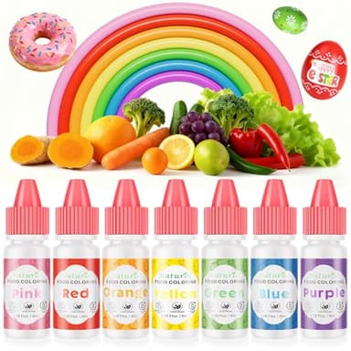 Natural Food Coloring, Cherrysea 7 Vibrant Liquid Colors for Easter Egg Baking, FD&C & Artificial Dye Free Edible Dye Formula for Cake Cookie Decorating, Buttercream, Frosting & Slime, 6ml Dropper Bottles