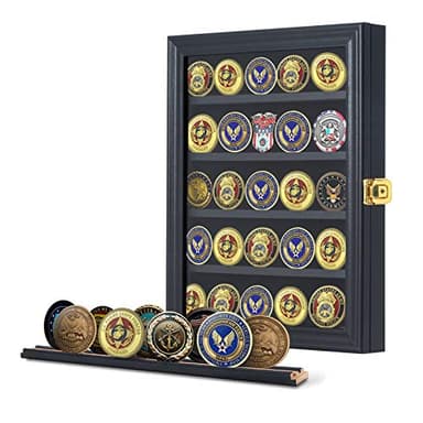 Jinchuan Military Challenge Coin Display Case Lockable Cabinet Rack Holder Shadow Box with Removable 2 Grooves Shelves and Anti Dust Door for Casino Poker Chips Collectibles, Small - Black