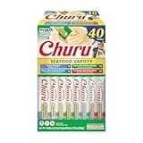 INABA Churu Cat Treats, Grain-Free, Lickable, Squeezable Creamy Purée Cat Treat/Topper with Vitamin E & Taurine, 0.5 Ounces Each, 40 Tubes, Tuna & Seafood Variety Box