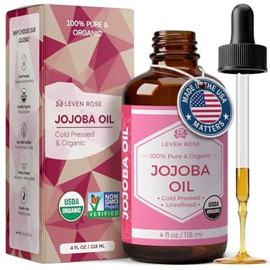 Leven Rose Jojoba Oil Organic, Pure Cold Pressed Carrier Oil, Natural Unrefined Moisturizer for Skin Hair and Nails 4 oz
