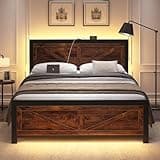 DOGIBIXO Led Bed Frame King Size with Charging Station, Industrial Platform Bed Frame with Rustic Barn Door Wood Headboard, Strong Metal Slats Support, Noise Free, No Box Spring Needed, Brown