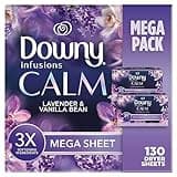 Downy Infusions Mega Dryer Sheets, Laundry Fabric Softener, CALM, Lavender and Vanilla Bean, 130 Count
