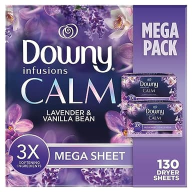 Downy CALM, Mega Dryer Sheets, Laundry Fabric Softener, Lavender and Vanilla Bean, 130 Count