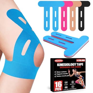 16 PCS Kinesiology Tape for Knees, 4 Colors Knee Support Tape, Precut Knee Tape for Knee Stability, Athletic Tape, Kinetic Tape for Knee