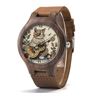 Cat Playing Guitar Wood Leather Watch, Cat Music Wood Watch, Cat Watch, Man Size Watch, Funny Cat Jewelry P535