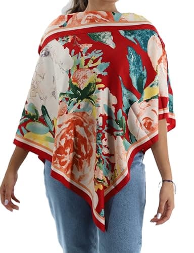 La Fiorentina Womens Classic Floral Print Poncho, red, ONE Size
