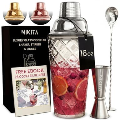 Nikita Cocktail Shaker, 5-Piece Martini Shaker & Bartender Kit with Bar Accessories Strainer, Jigger, Spoon & Muddler, Silver 16oz Drink Mixer with Bartender Accessories