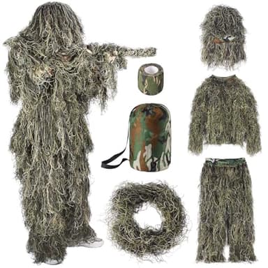 SOROVEE Ghillie Suit, 5 in 1 Ghillie Suit for Men Including Jacket, Pants, Hood, Carry Bag and Camo Tapes, 3D Camouflage Hunting Apparel, Suitable for Adults/Youth/Kids Hunting, Military