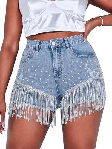 Cyparel Women Summer Denim Shorts High Waisted Ripped Rhinestone Pearl Beaded Fringe Tassels Frayed Raw Hem Blue Jean Shorts