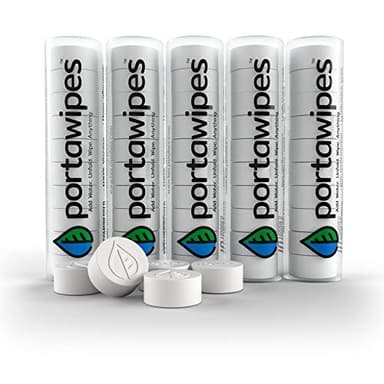 Portawipes Coin Tissues | 50 Pack with 5 Carrying Cases | Toilet Paper Tablets | Compressed Towels | Expandable Wipes | Soft & Odor Free