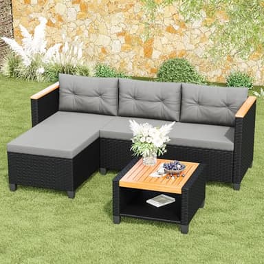 Green4ever 3-Piece Outdoor Patio Furniture Set, All-Weather PE Rattan Small Patio Sectional Sets with Storage Table, L Shaped Outdoor Couch with Cushions, Small Patio Sofa for Balcony Garden, Grey