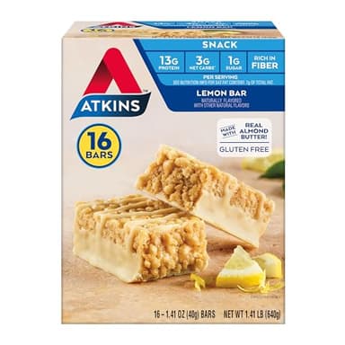 Atkins Lemon Flavored Snack Bar, High Protein Bar, Low Sugar and Low Carb, Keto Friendly Snack, Gluten Free, High in Fiber, Made with Real Almond Butter, 16 Count