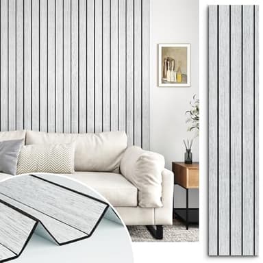 STICKEEP White/Grey 3D Wood Slat Panels for Walls Peel and Stick PVC Slat Wall Paneling Soundproof Self Adhesive Faux Wooden Slatted Panel for Wall Decor Interior Living Room Bedroom 120"x 12"