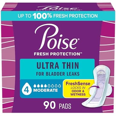 Poise Ultra Thin Incontinence & Postpartum Pads with Wings for Bladder Leaks, 4 Drop Moderate Absorbency, Regular Length, 90 Count, Packaging May Vary