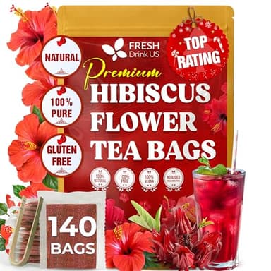 FRESHDRINKUS 140 Hibiscus Flowers Tea Bags, 100% Natural, Pure from Hibiscus Flowers. Loose Flower Hibiscus Herbal Tea. Hibiscus Flower Tea. No Sugar, No Caffeine, No Gluten, Vegan.