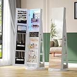 FREDEES 360°Swivel Mirror Full Length Jewelry Armoire Cabinet,Large Storage Standing Jewelry Organizer,Interior Vanity Mirror with Lights, Best Gift for Mom,Wife & Girls,14.9" W*63.3" H (White)