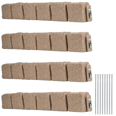 Beuta Landscape Edging | Garden Edging Border | Faux Stone Blocks for Lawn Edging, Flower Beds & Yard Edging – 4 Pack | Each Section Has 6 Blocks 48" L x 4" W x 6.5" H | 8 Spikes | Sandstone