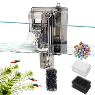 Small Fish Tank Filter for 3-5 Gallon Aquarium, USB Powered Quiet Hang On Back Filter with Upgraded 3-Stage Filtration System (Sponge & Quartz Balls), Adjustable Flow & Extra Media Set Included