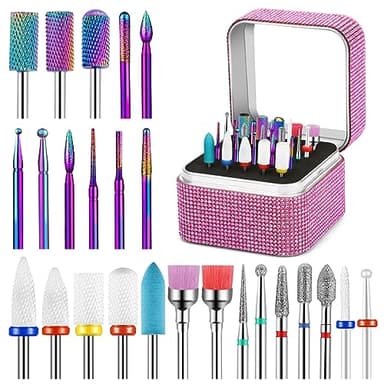 Cellentool 25Pcs Nail Drill Bits Set with Storage Box, 3/32 Inch Tungsten Ceramic Diamond Carbide Nail Drill Bits for Acrylic Gel Polish, Cuticle Efile Remover for Manicure Pedicure