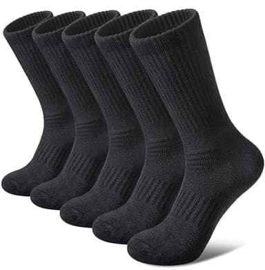 FNOVCO Women's Hiking Walking Running Crew Socks Thick Cushioned Athletic Compression Socks 5 Pairs (Black, 9-11)