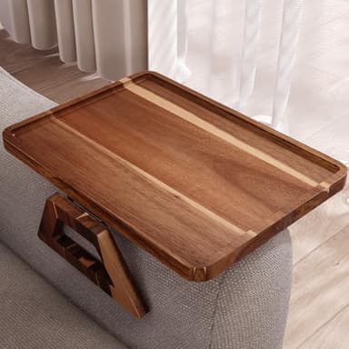 Danfoxer Acacia Wood Couch Arm Tray,Folding Sofa Armrest Tray,Couch Arm Table Clip-On Couch Desk for Drinks, Snacks,Phone,Remote Control