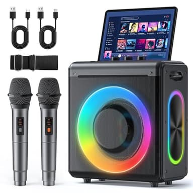 Karaoke Machine with 2 Wireless Rechargeable Microphones: Portable Bluetooth Speaker for Adults & Kids - PA System with Lights Supports TWS/TF Card/USB/AUX for Home Party