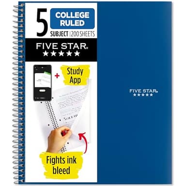 Five Star Spiral Notebook + Study App, 5 Subject, College Ruled Paper, 8-1/2" x 11", 200 Sheets, Fights Ink Bleed, Water Resistant Cover, Pacific Blue (73635)
