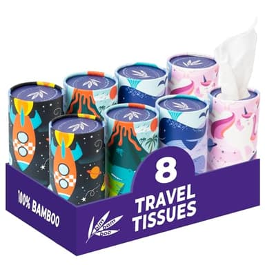 Bim Bam Boo 100% Bamboo Facial Tissue Tubes, 3-ply Hypoallergenic Travel Tissues in Car Tissue Holder, 8 Eco-Friendly Cylinder Tissue Tubes