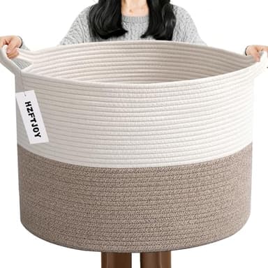 HZFTJOY Large Woven Blanket Basket,65L Cotton Rope Laundry Basket Hamper with Handles, Decorative Nursery Basket Storage Bin for Toys, Clothes Organizer, Living Room, Bedroom, Bathroom, White & Brown