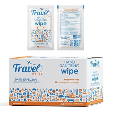 Hand Sanitizing Travel Wipes – 30ct Individually Wrapped | Fragrance-Free, Moisturizing, 70% Isopropyl Alcohol Wipes | Travel, Home, Office, Daily Use | Made in USA