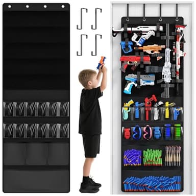 Over the Door Organizer for Toy Guns, Toys Storage Door Hanger with Pockets and Slots for Kids Foam Blasters, Darts, Goggles, Over Door Toy Guns Storage Organizer, for Kids Rooms, Game Rooms, Black