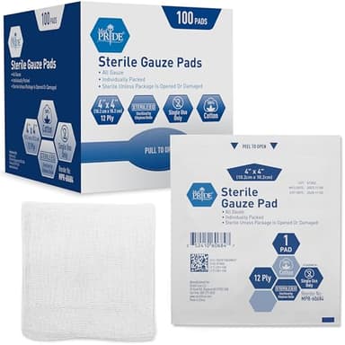 MED PRIDE Sterile Gauze Dressing Pads Individually Wrapped, Nonstick 12-Ply Cotton, Highly Absorbent for Wound Care (4x4 Inch (Pack of 100))