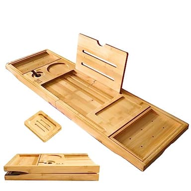 XcE Foldable Bamboo Bathtub Caddy Tray - Expandable to 41 Inches with Non-Slip Pads & Book Stand for Couples Luxury Bath
