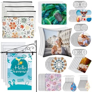 114Pcs Sublimation Blanks Products, Sublimation Blanks Set Including DIY Blank Makeup Bag, Keychain, Earring, Pillow Cover, Mouse Pad, Coaster, Garden Flag for Sublimation Transfer Easter Craft