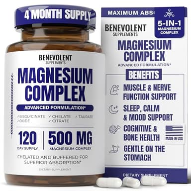 Magnesium Complex Supplement, 4 Month Supply of 500mg 5-in-1 Bisglycinate, Oxide, Taurate, Aspartate, Citrate, Max Absorption Magnesium Supplement for Calm, Sleep & Leg Cramps, 120 Capsule
