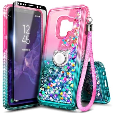 E-Began Case for Samsung Galaxy S9 with Screen Protector (Maximum Coverage, Flexible TPU Film), Ring Holder/Wrist Strap, Glitter Flowing Liquid Girls Women Kids Cute Case (Pink/Aqua)