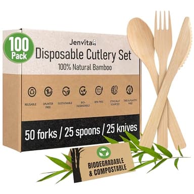 Jenvita 100% Bamboo Utensils Set - 100x Compostable Cutlery Set (50 Compostable Forks, 25 Disposable Spoons, 25 Biodegradable Knives) | Bamboo Silverware | FSC Certified for Weddings, Camping, Party