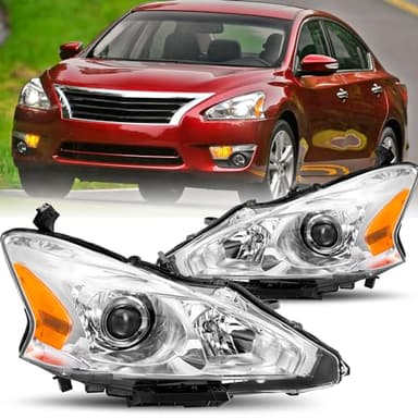 TUSDAR Headlight Assembly Set for 2013 2014 2015 Nissan Altima 4-Door Sedan Halogen Headlamp Driver and Passenger Side Chrome Housing with Amber Reflector