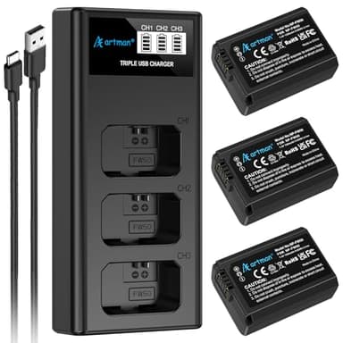 Artman NP-FW50 Battery 3-Pack and Upgraded 3-Slot ZV-E10 Battery LCD Charger for Sony ZV E10, Alpha A6500 A6400 A6300 A6000 A5100 A5000, A7S II, A7S, A7R II, A7R, A7 II, A7, RX10 II III IV Cameras
