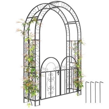 Outsunny 7.4ft Steel Garden Arch with Gate, Garden Arbor Trellis for Climbing Plants, Roses, Vines, Wedding Arch Stand for Outdoor, Garden, Lawn, Backyard, Black