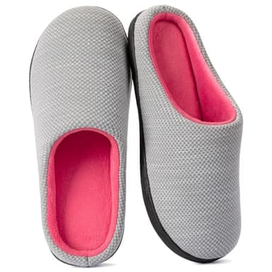 RockDove Womens Birdseye Knit Memory Foam Slippers Two Tone Slip On Open Back Breathable Waffle Upper Non Slip Rubber Sole Gift Idea, Size 7-8 US Women, Grey/Pink