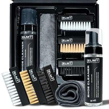 Blackline ELMT Shoe Cleaner Kit — Ideal Sneaker, Canvas, Mesh, Nubuck, Sheepskin, Leather, Suede Shoe Cleaner — US-Made, Safe, 10X Potent Shoe Cleaning Kit (8 oz Solution, 3 Brushes, Microfiber Towel)