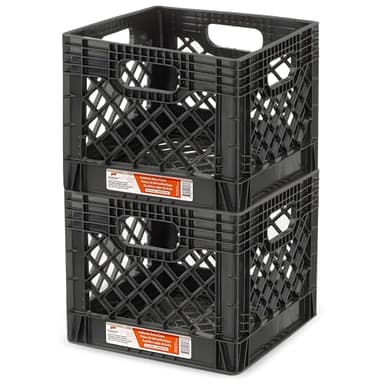 Juggernaut Storage 2-Pack Stackable Heavy Duty Milk Crates with Handles, 16 Qt, Black - Organizing Plastic Crate Basket for Grocery Shopping, Home Supplies, and Bathroom Accessories